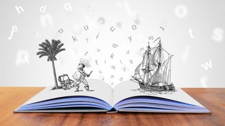 Livre ouvert  avec ile au trésor, bateau, pirate